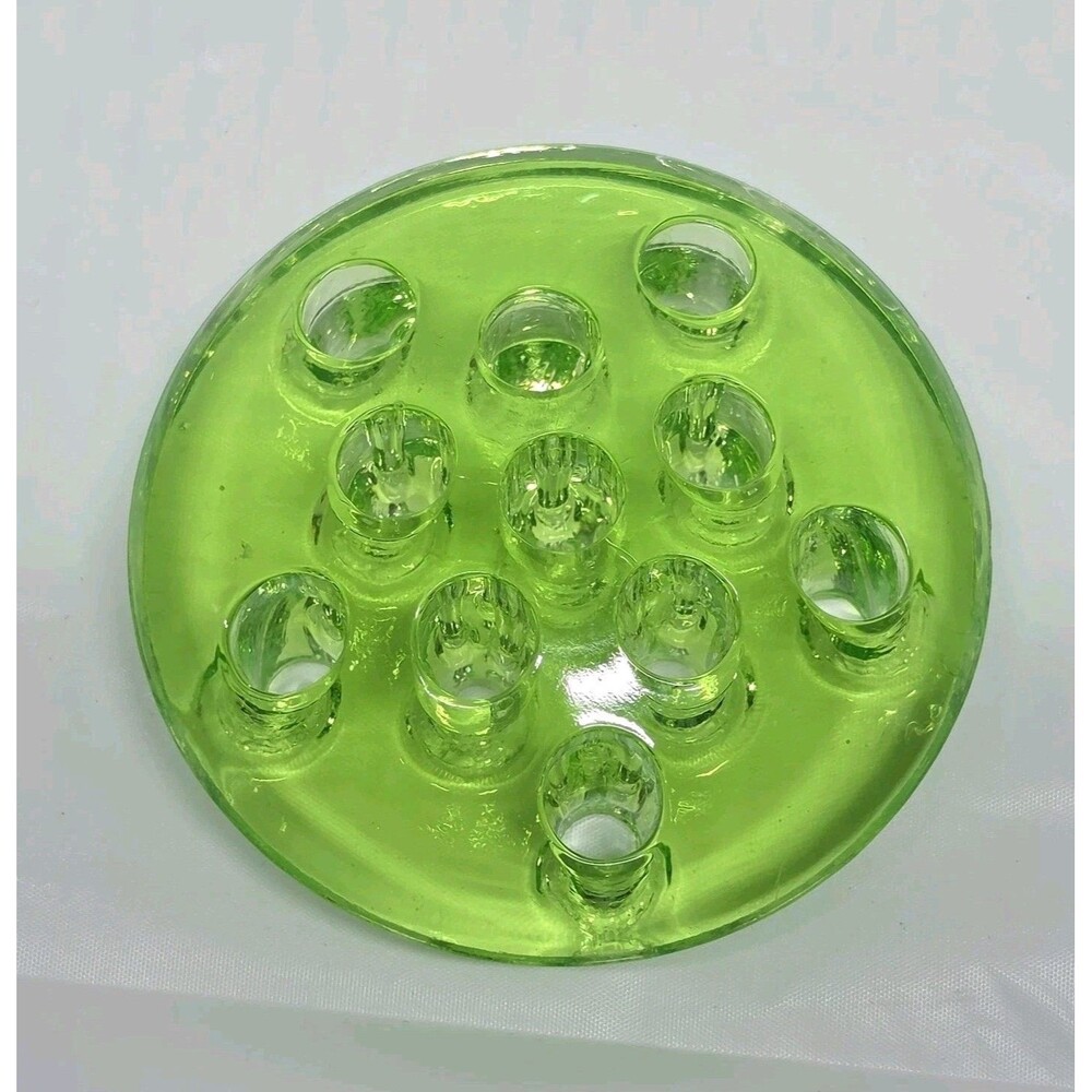 Vaseline Uranium Glass Flower Frog 11 Holes Glows UV Green Vintage 3" Diameter - Picture 2 of 10